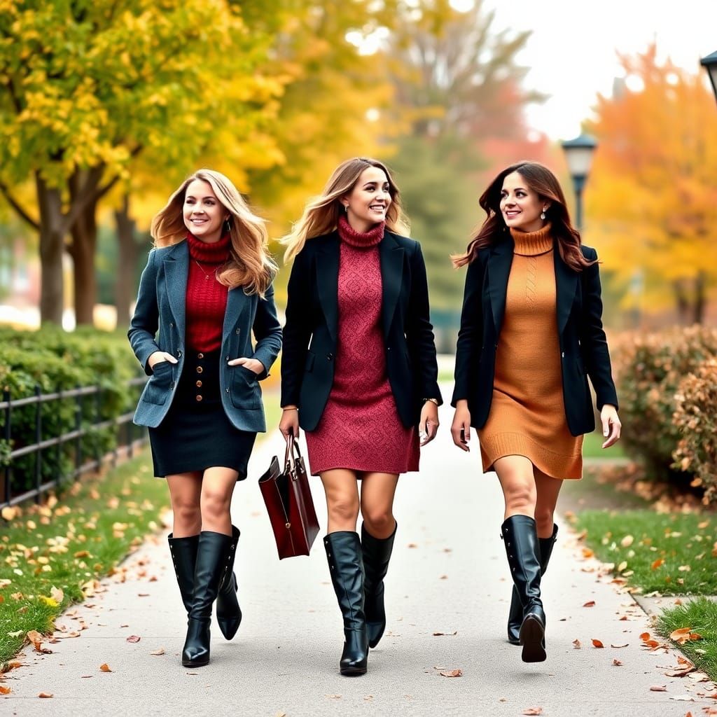 Businesswomen in Sweater Dresses Stroll Through Autumn Park