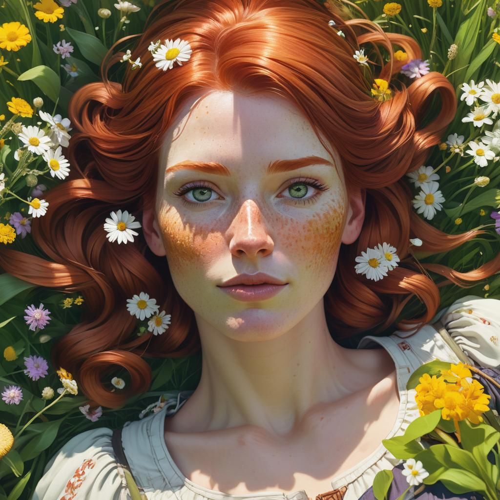 Ginger-Haired Girl in Blooming Meadow, Art Nouveau Portrait