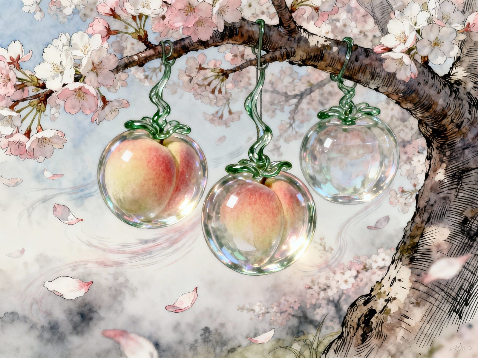 Glass Peaches on a Cherry Blossom Tree Watercolor