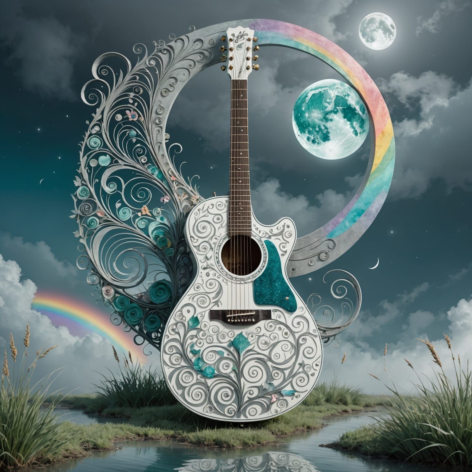 Moonlit Guitar in Ethereal Fog