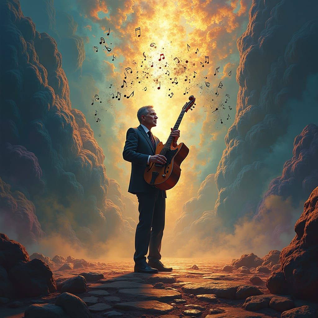 Jazz Guitarist Surrounded by Swirling Notes