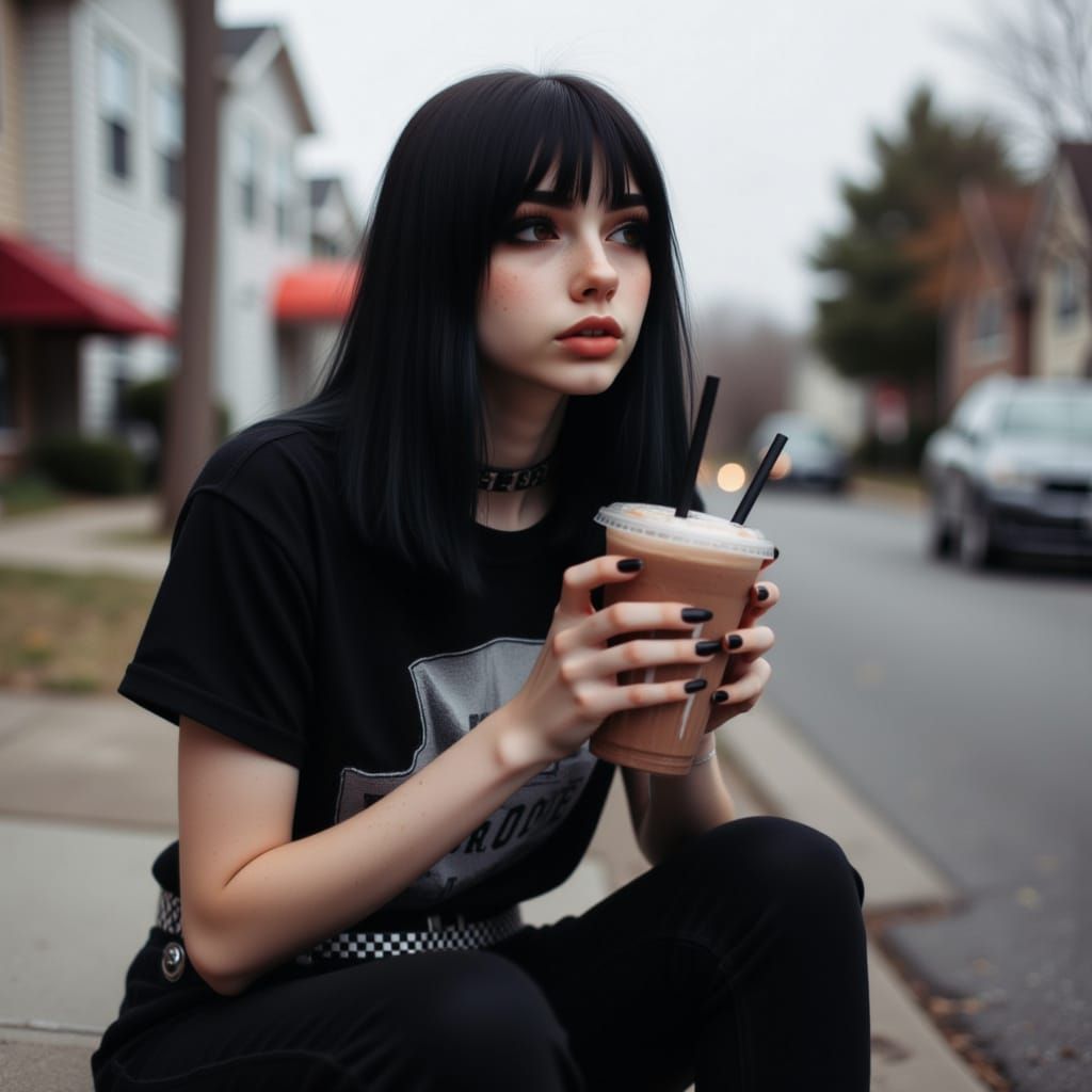 Emo Girl with Milkshake on Curb