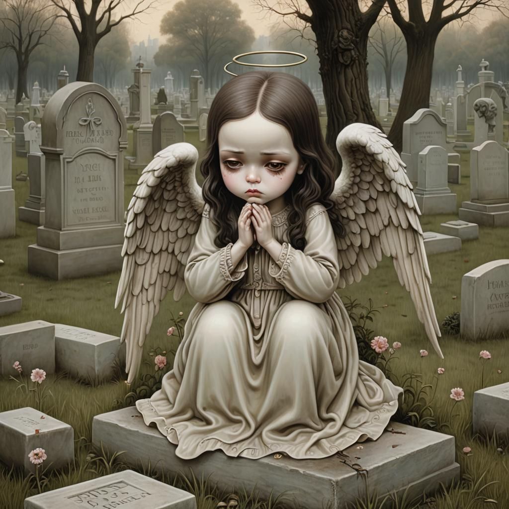Sad Angel Weeping Over Grave in Pop Surrealist Style