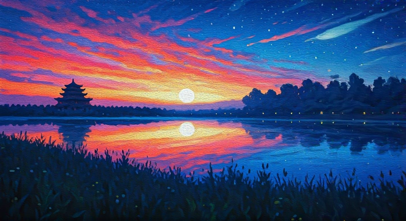 Vibrant Sunset Over Ancient Chinese Landscape