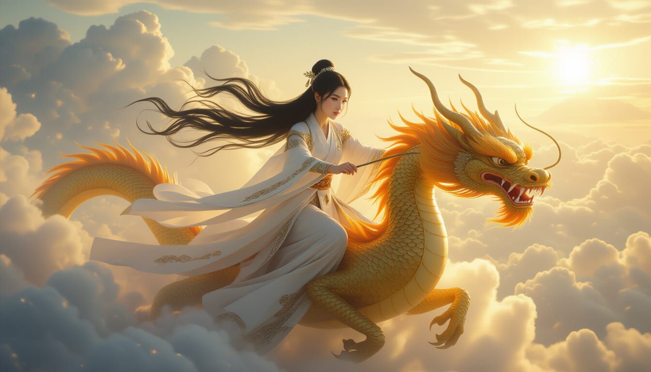 Asian Woman Rides Golden Dragon in Hyperrealistic Sky