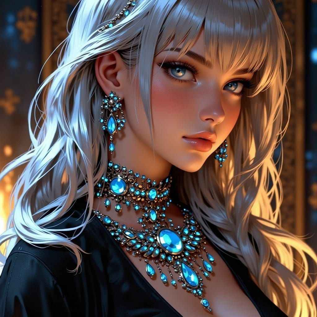 Silver Hair Person with Radiant Blue Gemstones