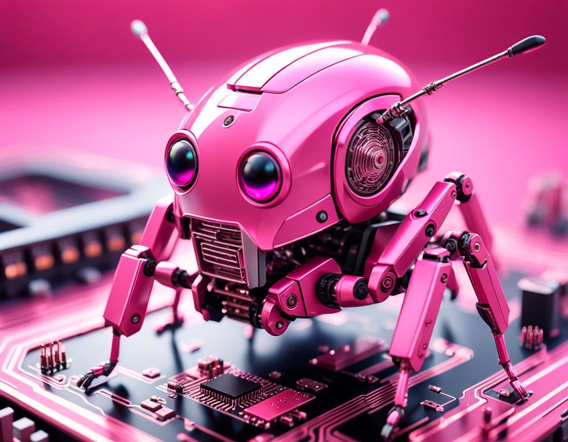 Cute Pink Cricket Robot on Circuit Board