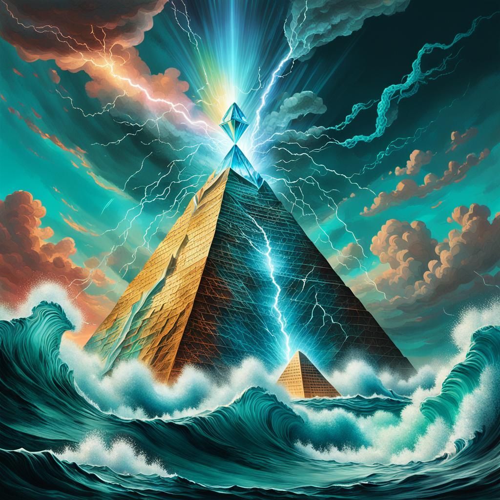 Crystal Pyramid in Stormy Ocean: Surreal Concept Art