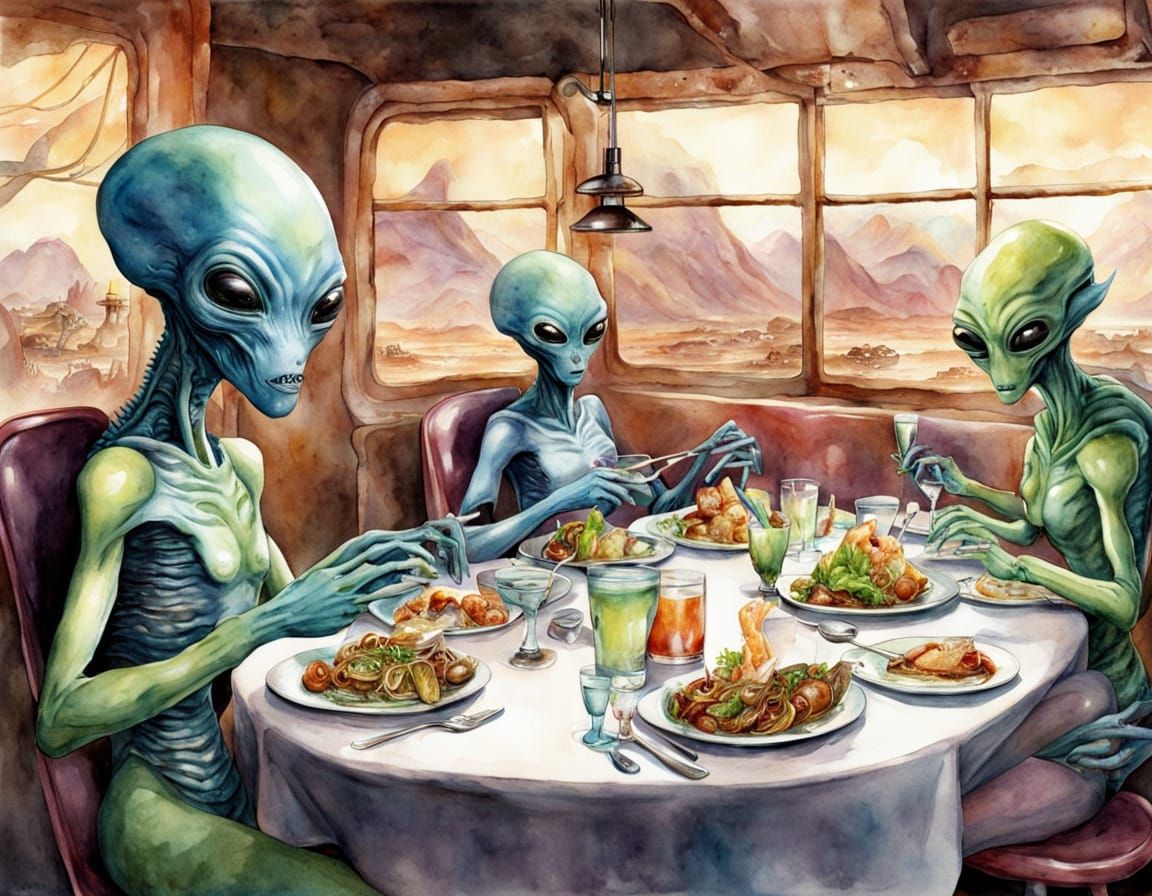 Alien Restaurant Scene in Watercolour Style