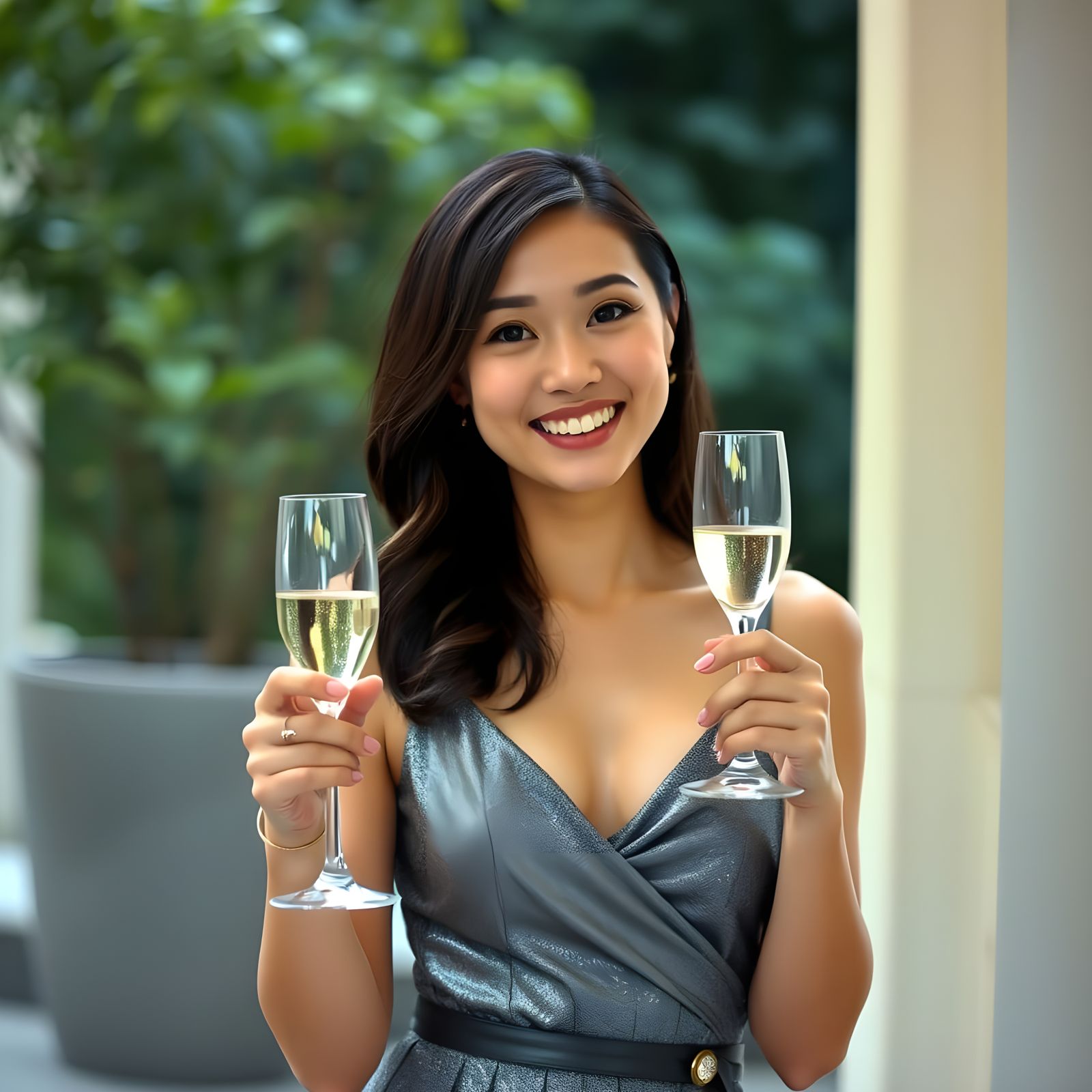 Elegant East Asian Woman Celebrates in Sparkling Gray Mini D...