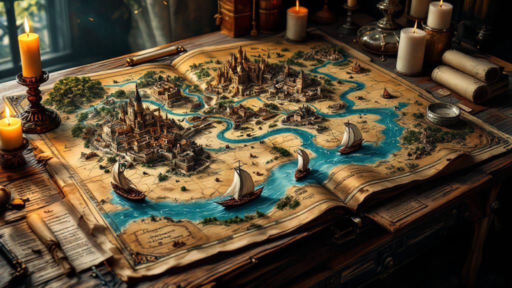 Antique Fantasy Map with Miniature Kingdom on Wooden Desk