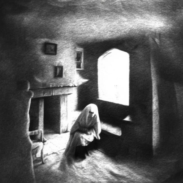Ethereal Figure in Irish Cottage: Pencil Sketch