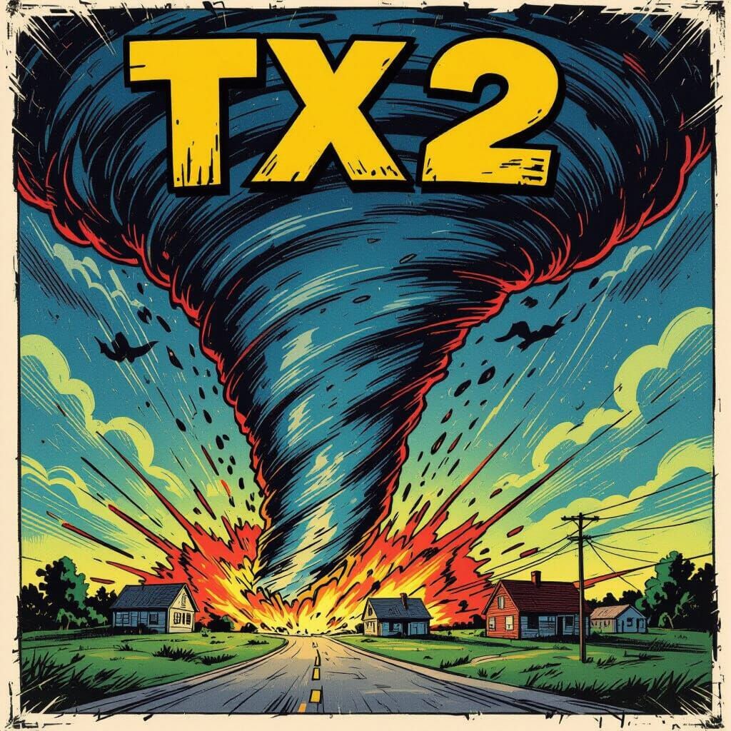 Tornado Engulfs Town in Gritty Comic Book Style