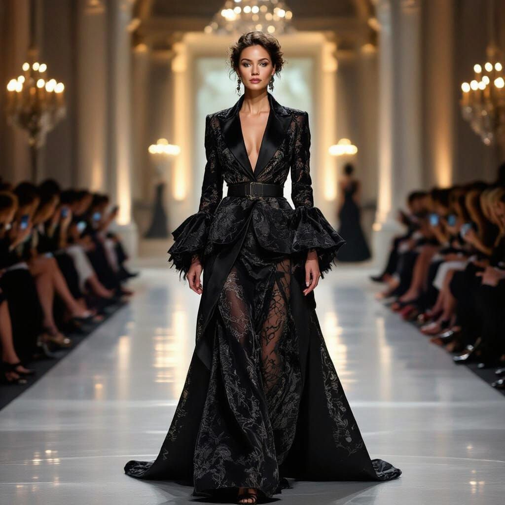 Confident Woman Struts Down Runway in High Fashion