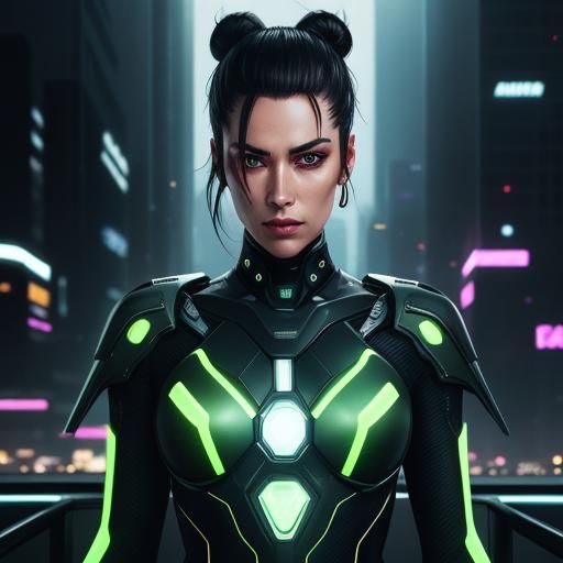 Cyberpunk Portrait of Juno Hellman in Neon Cityscape