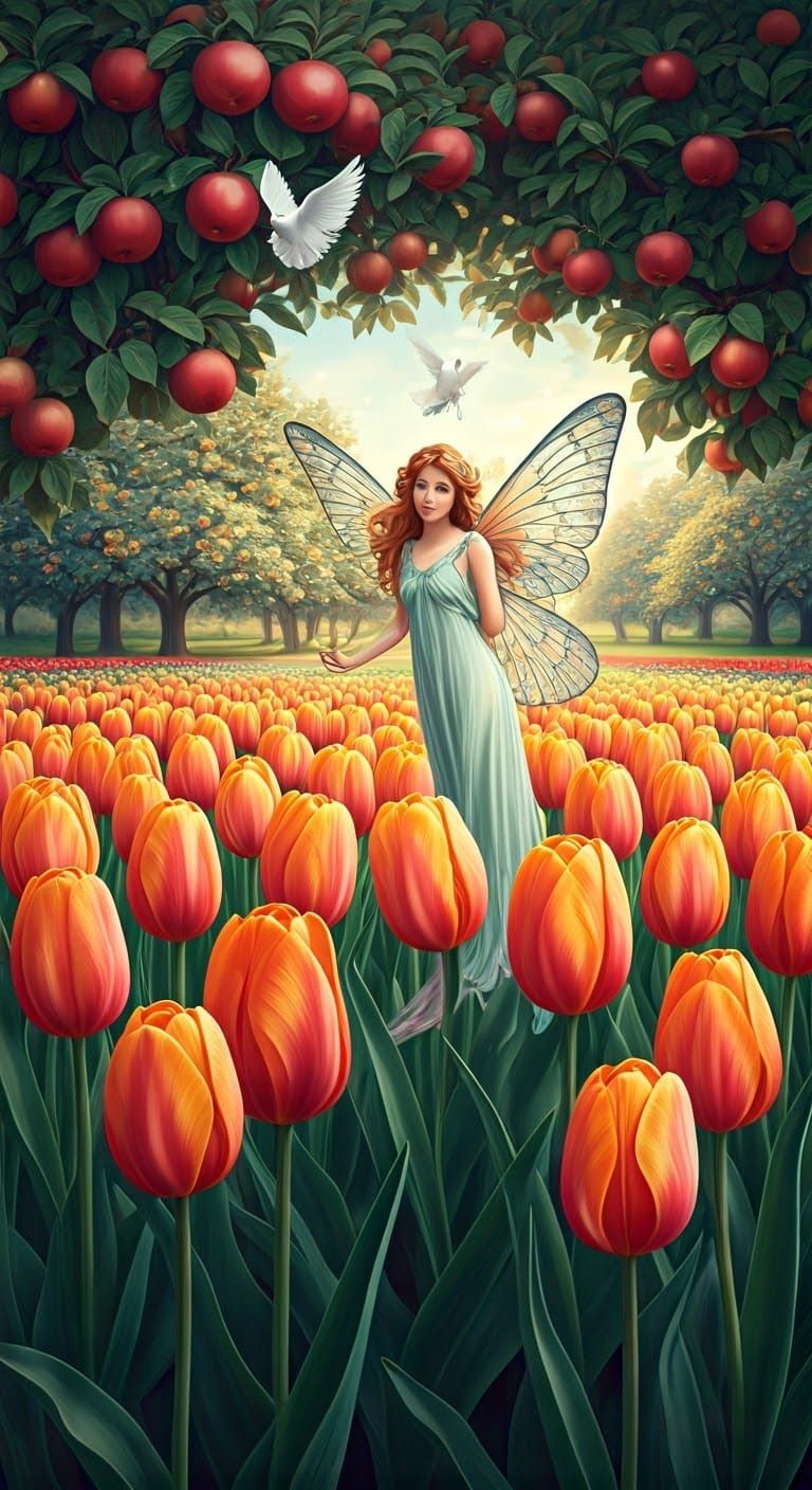 Whimsical Fairies in a Dreamy Tulip Garden