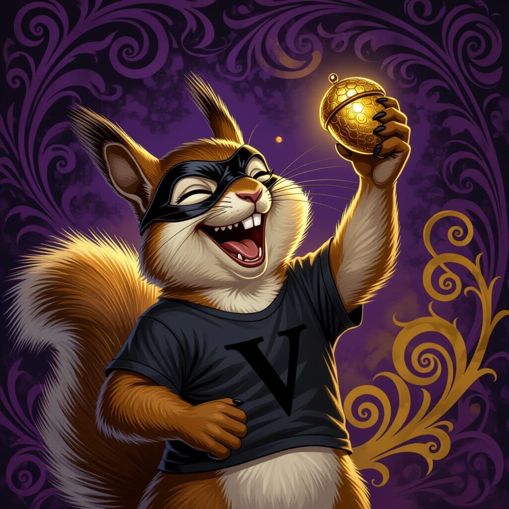 Evil Squirrel Laughing with Golden Acorn