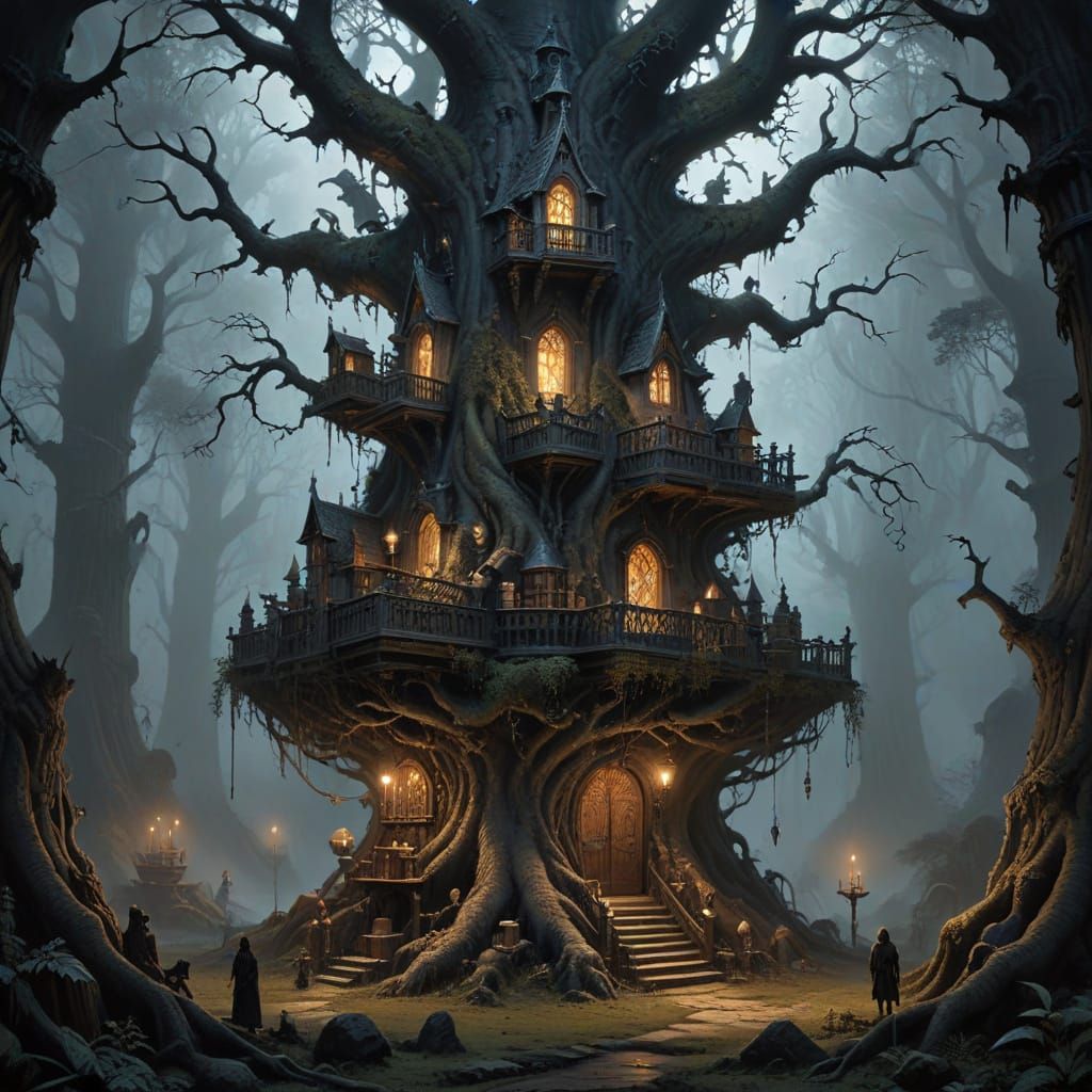 Enchanted Library Within a Bioluminescent Tree