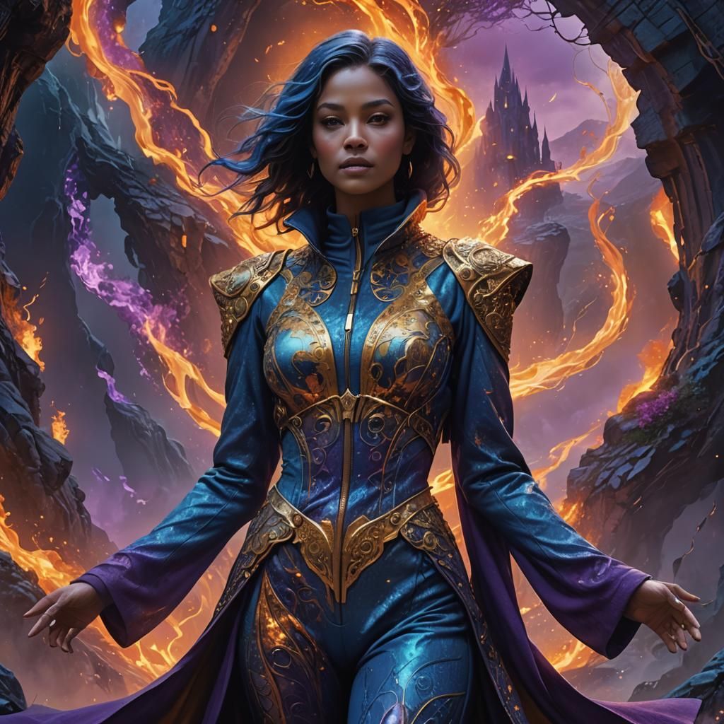 Mystical Woman in Layered Outfit, Detailed Digital Art