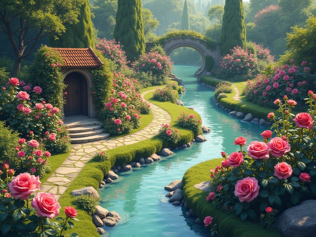 Realistic Isometric Rose Garden Scene with Stream and Path