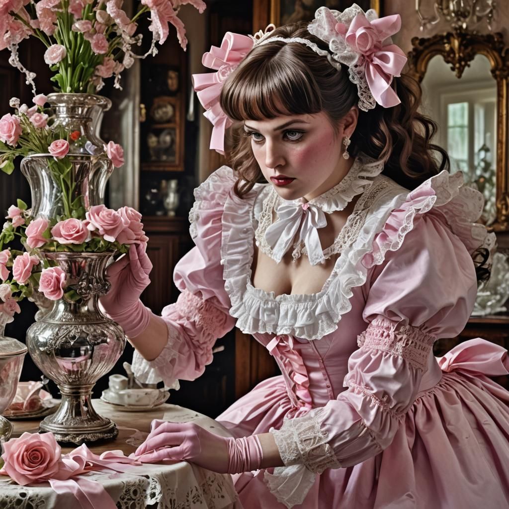 Frilly Maid Accidentally Knocks Vase Over, Hyperrealistic