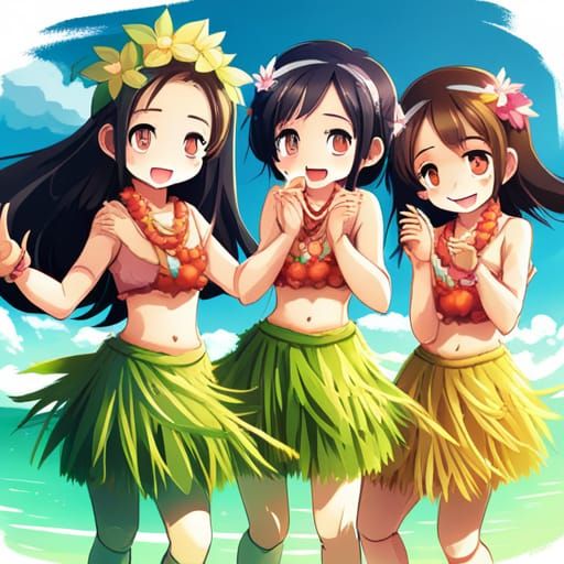 Smiling Hula Girls in Anime Style