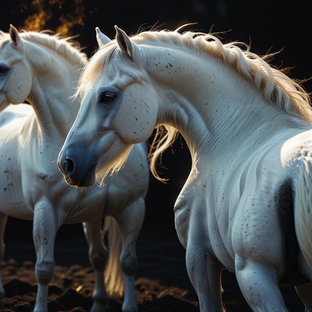White Horses on Black Field in Oil Painting Style