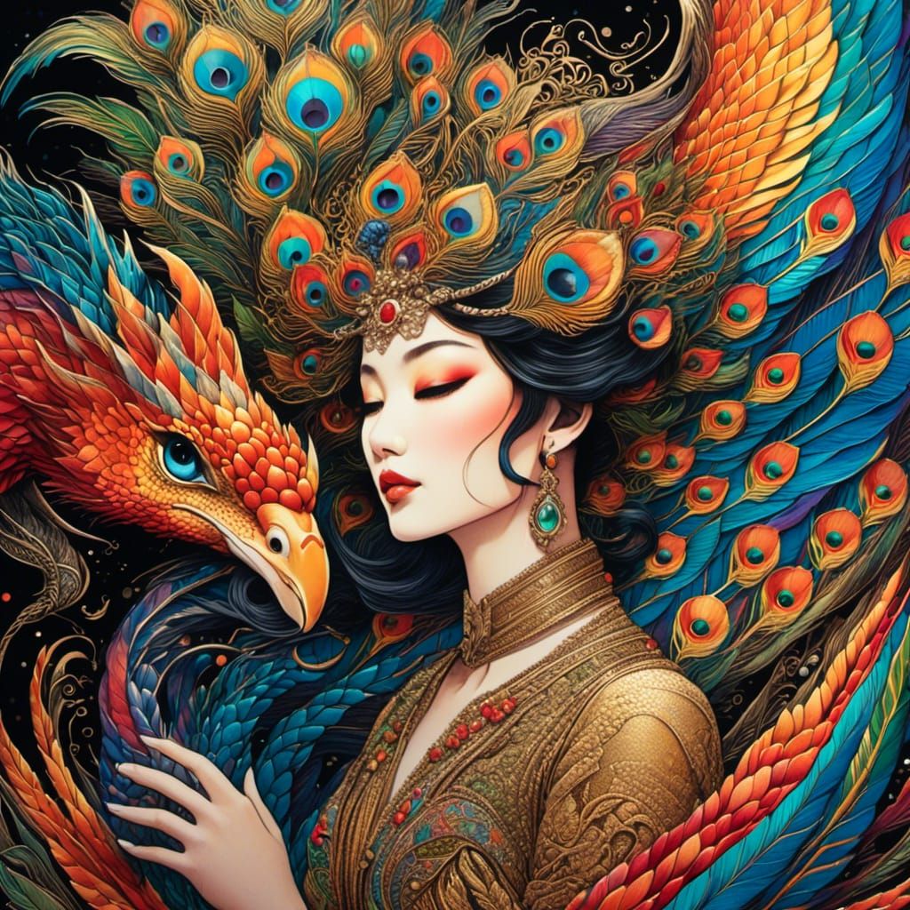 Peacock Haired Woman and Rainbow Serpent Illustration