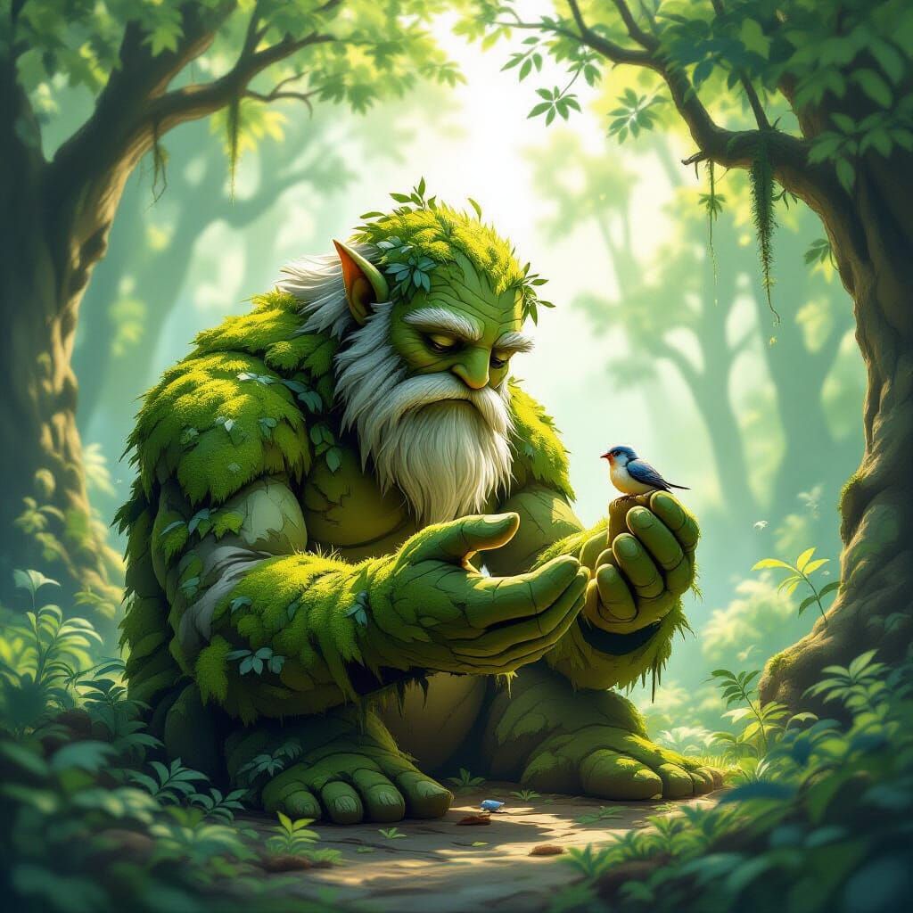 Gentle Golem Tends Injured Bird in Ancient Forest
