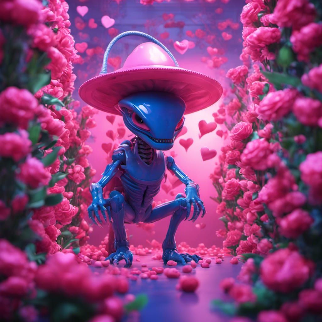 Pink Alien in a Floral Room: 3D Digital Art
