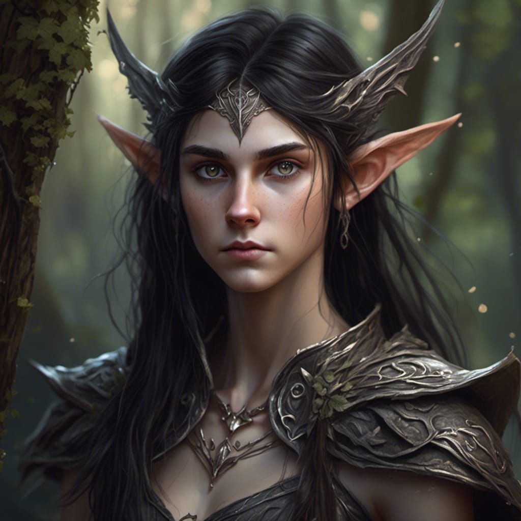 Hyperrealistic Young High Elf in Wooded Scene