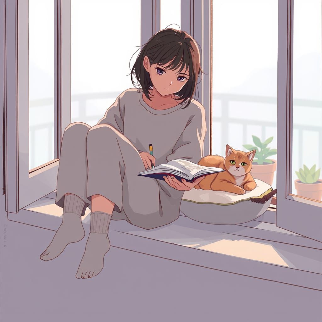 Soothing Lofi Girl Scene with Cat in Cozy Window Setting