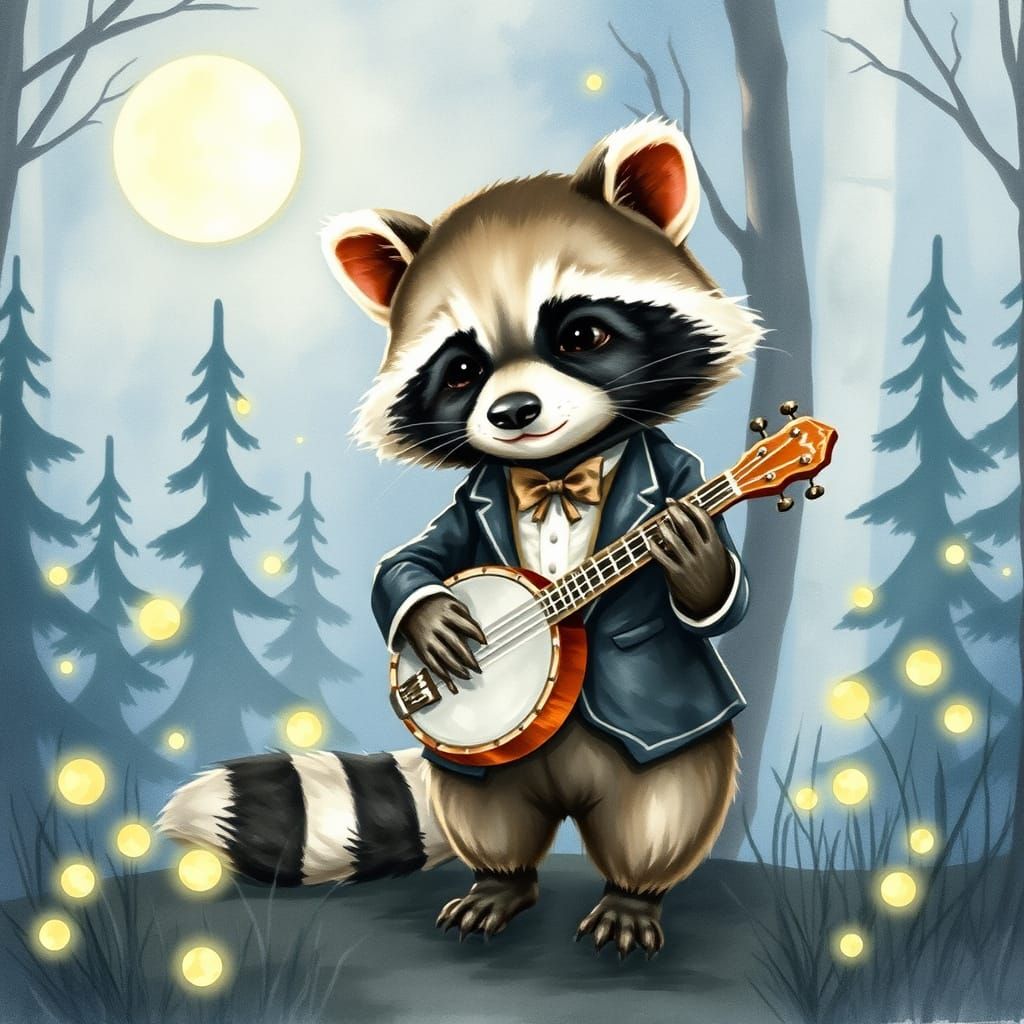Raccoon's Moonlit Banjo Serenade in Watercolor Style