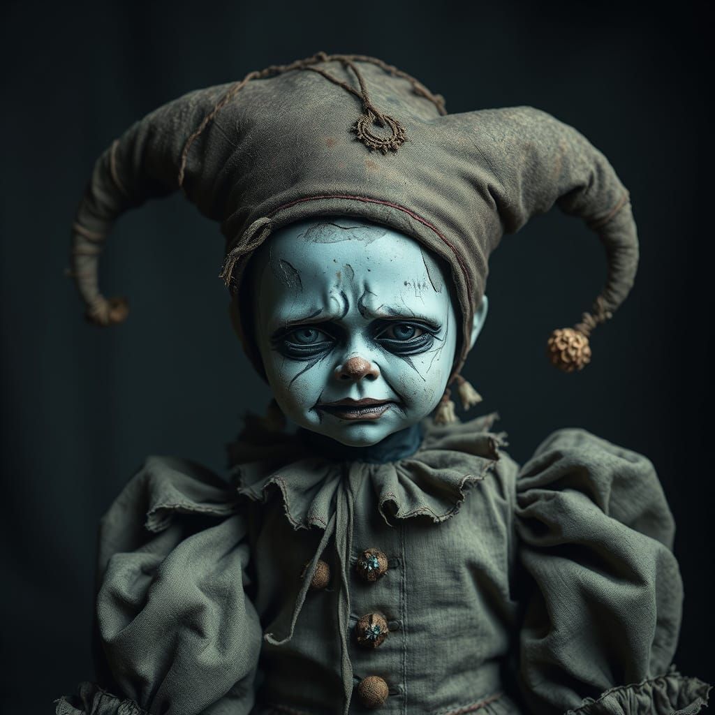 Sad Broken Jester Doll in Dark Gothic Style