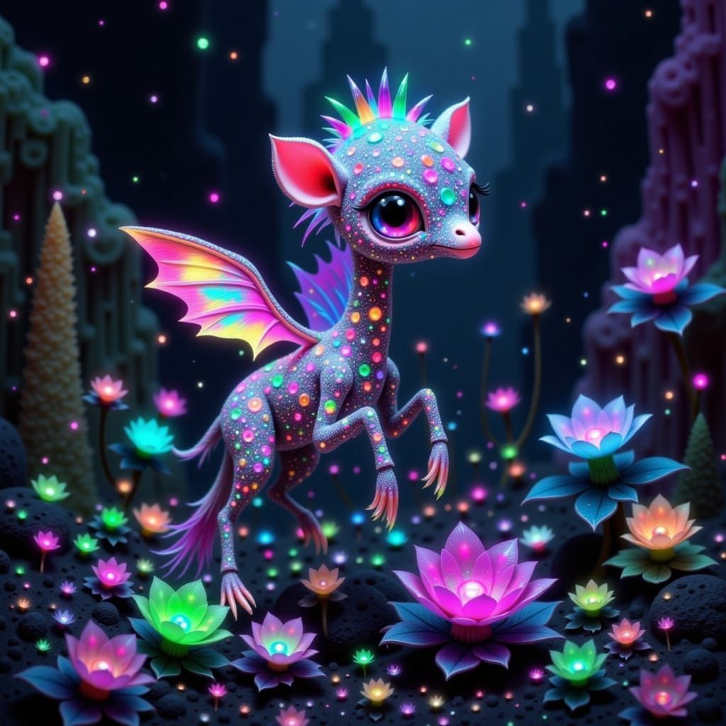 Rainbow Giraffe in Bioluminescent Cave, Ethereal Design