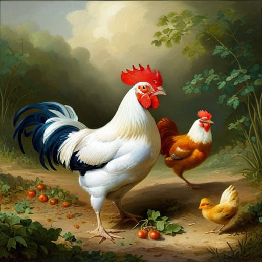Rooster Portrait with Chickens in Classical Style