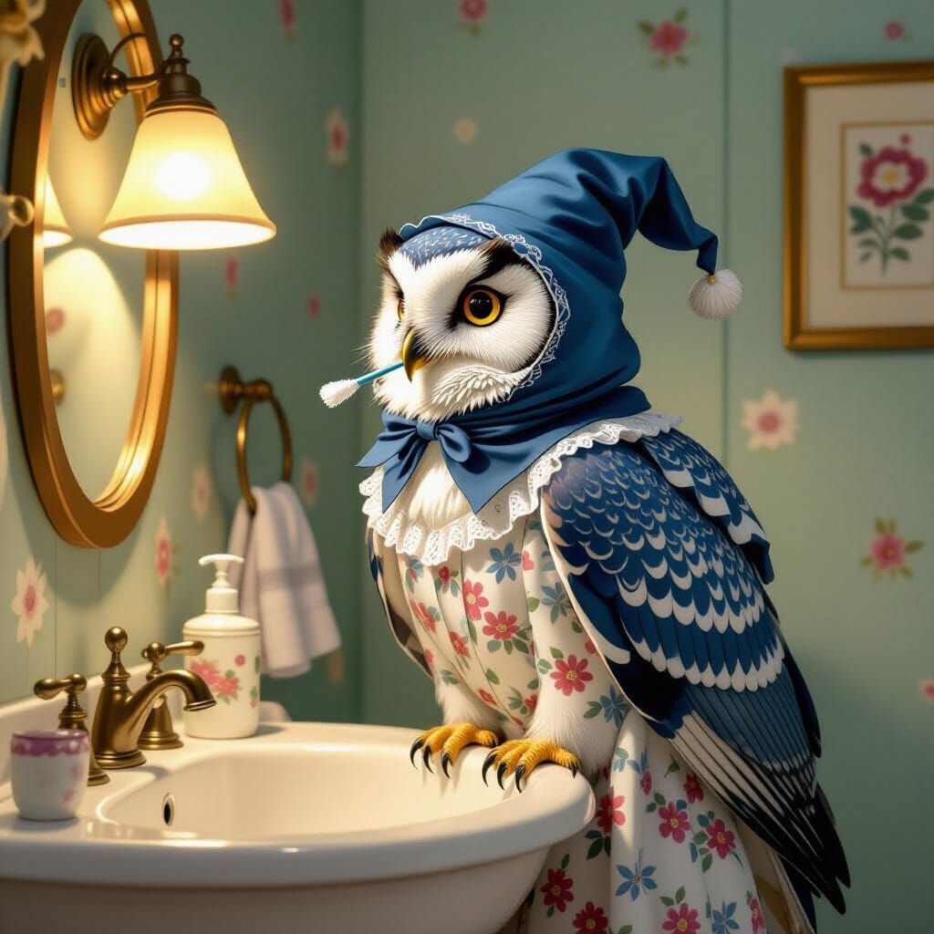 Owl Brushing Teeth in Pajamas, Digital Painting
