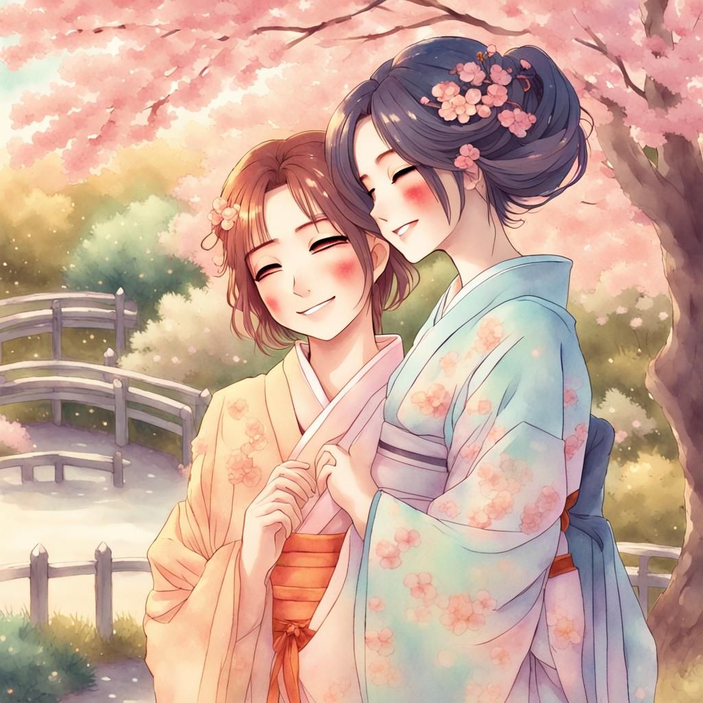 Anime Style: Women Embrace in Japanese Garden