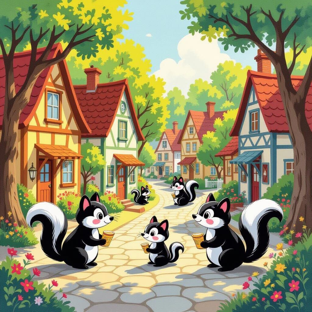 Charming Skunk Town Gouache Painting in Folk Art Style