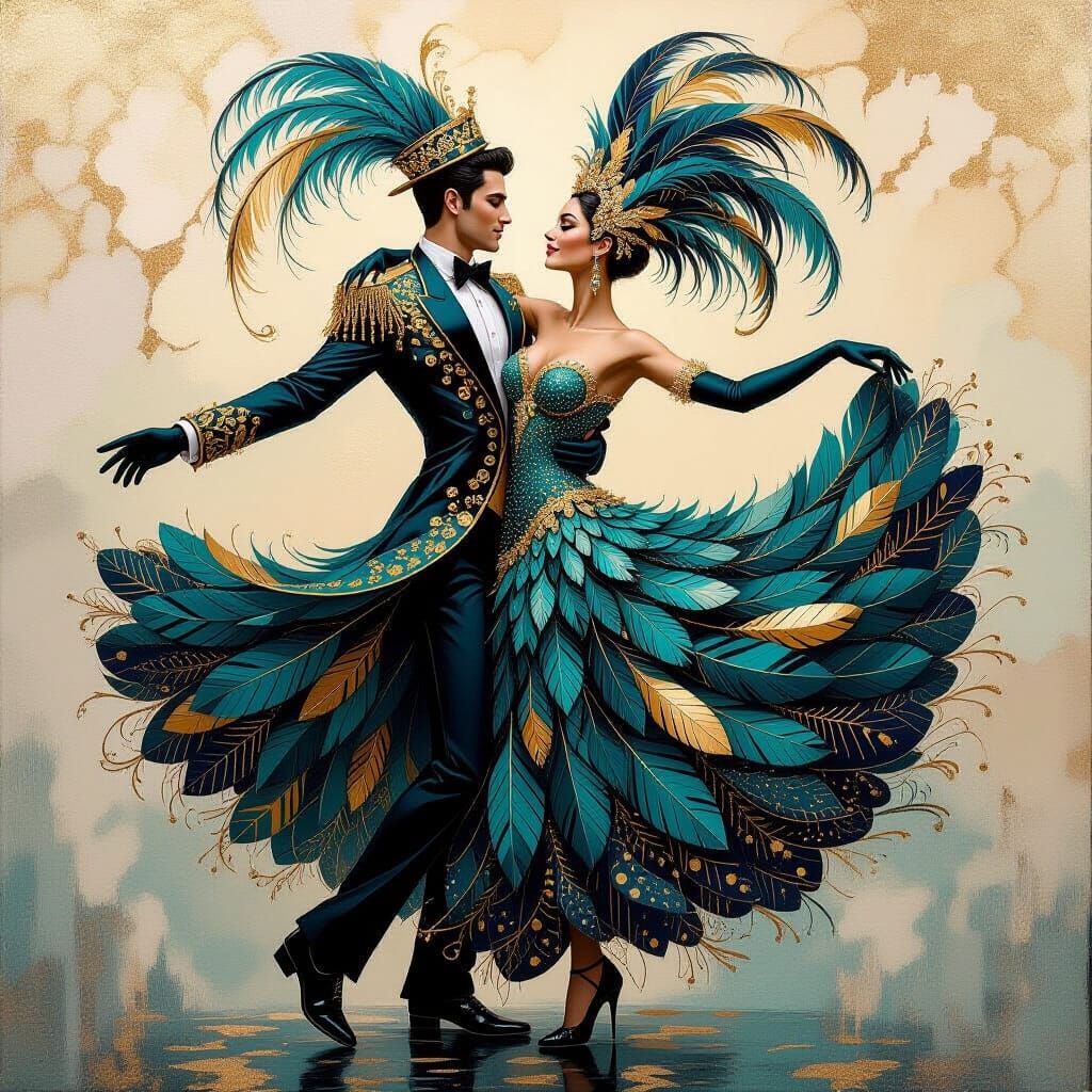 Feathered Dancing Couple in Surreal Style