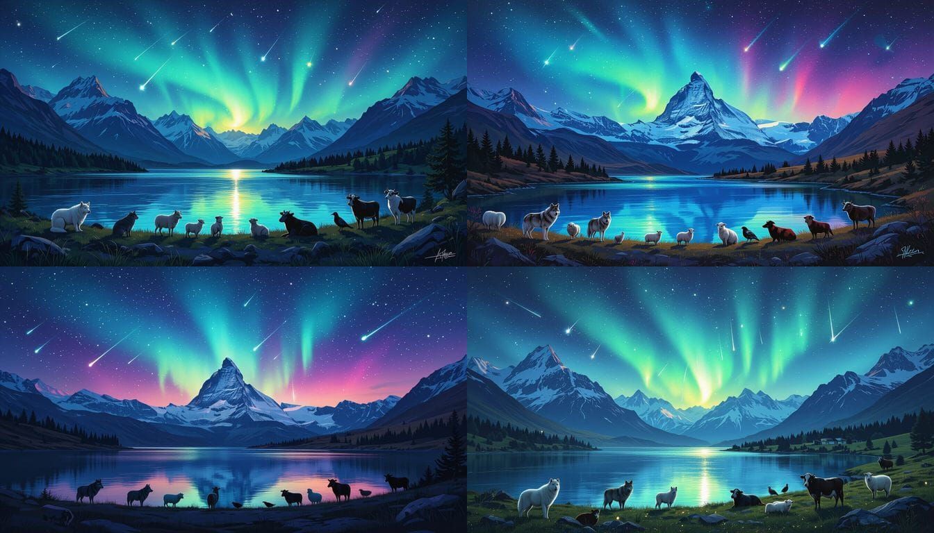 Ethereal Alps Aurora Over River and Wildlife in Graffiti Sty...
