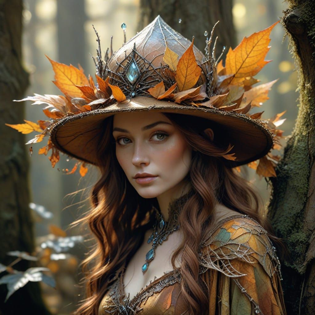 Forest Spirit Wears Autumn Leaf Crown with Spiderwebs