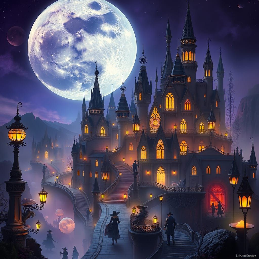 Luminous Moon Metropolis in Dark Fantasy Style
