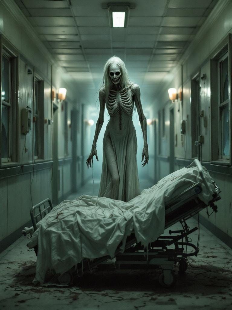 Ghostly Woman in Decaying Hospital: Surreal Horror
