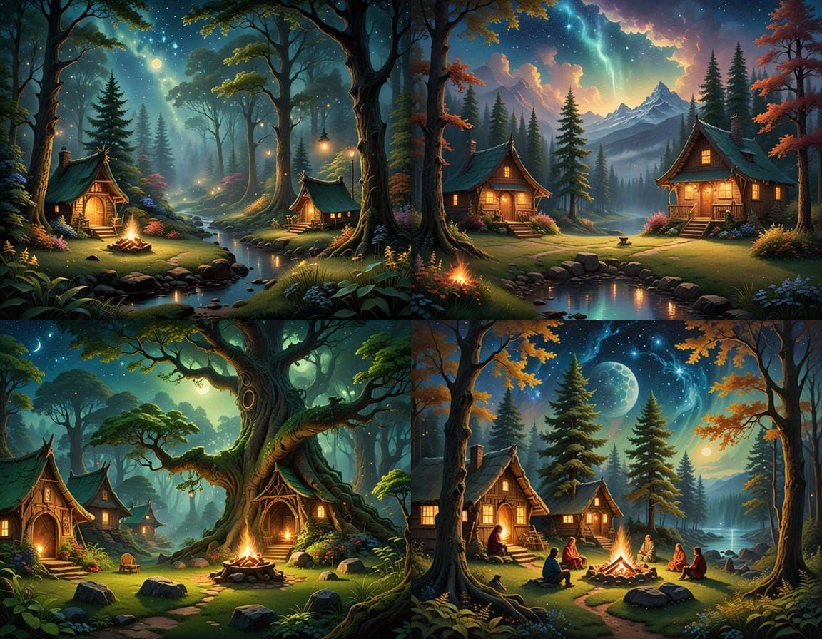 Mystical Forest Sanctuary Under Starry Night Skies