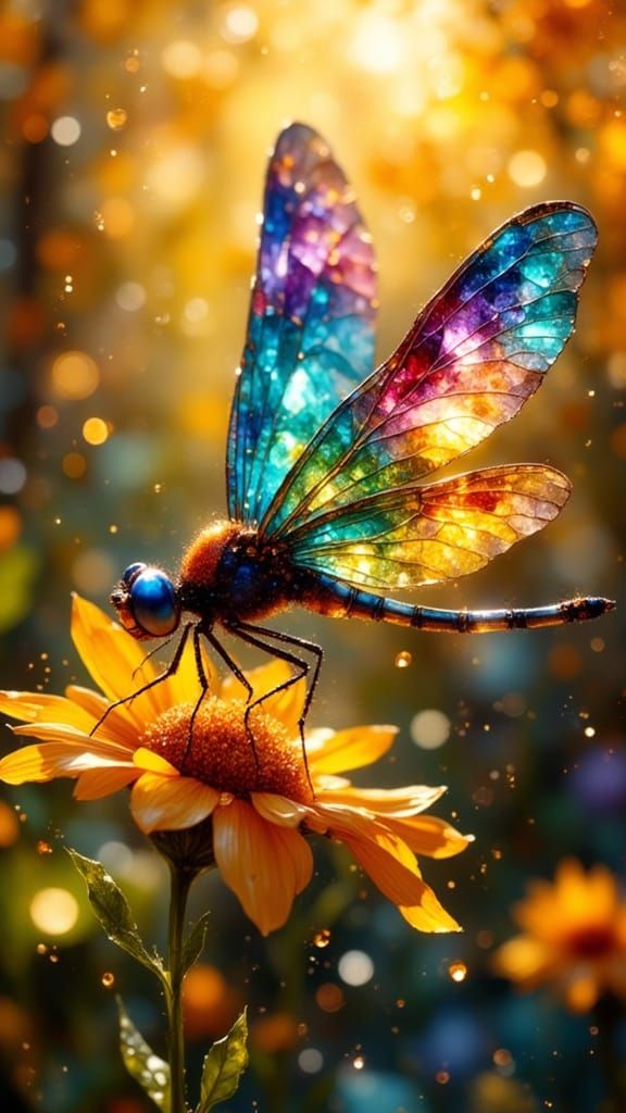Dragonfly With Stained Glass Wings In Sunlight