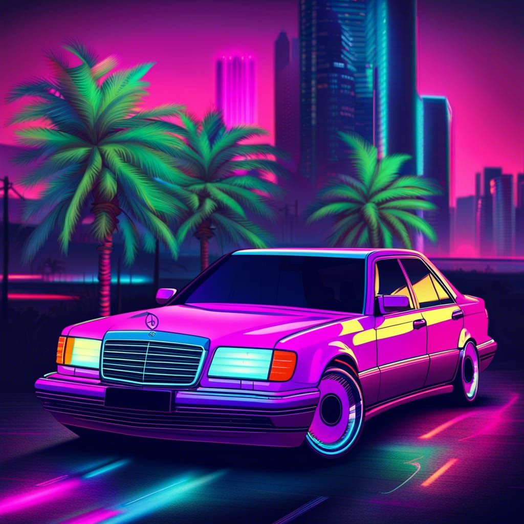 Mercedes W124 in Synthwave Neon Style