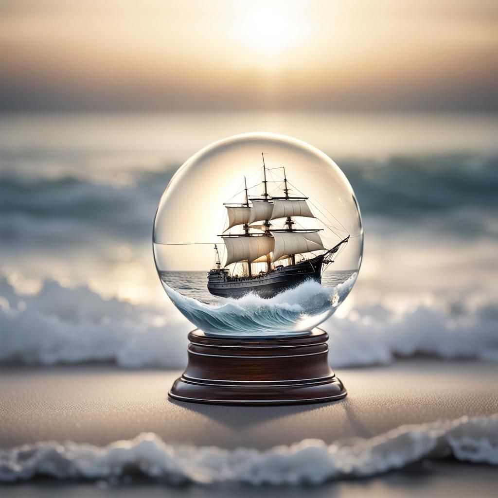 Hyperrealistic Glass Ball Ship Still Life
