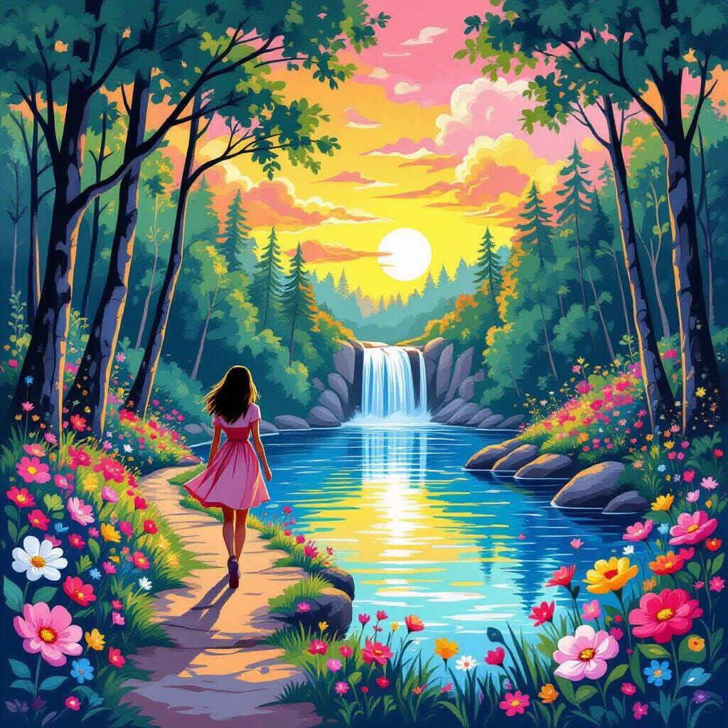 Woman Walks Forest Path with Sunset Waterfall