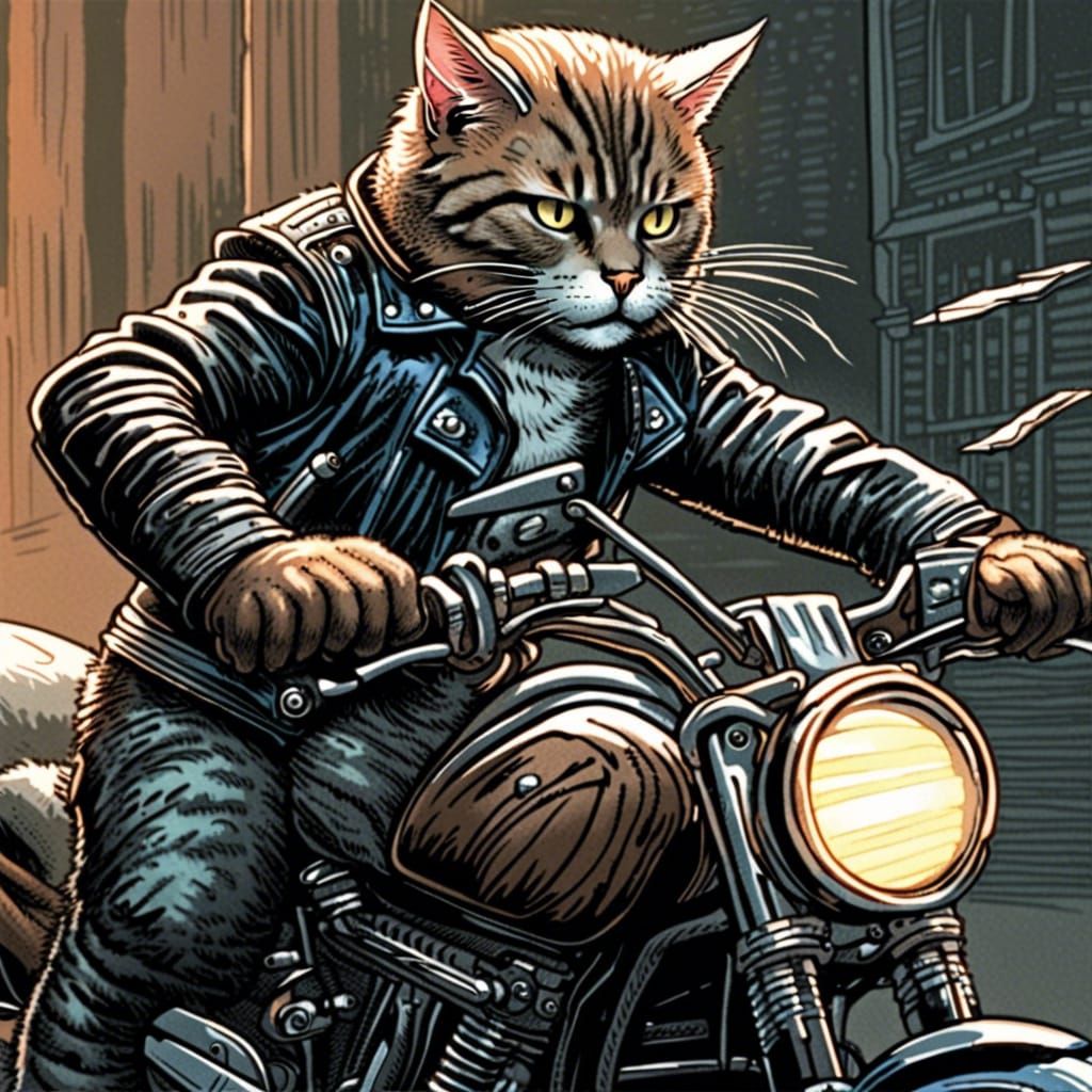 Tabby Cat Biker in Comic Book Art Style